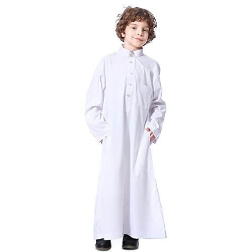 IMEKIS Kind Jungen Arabischen Islam Thobe Knopf Streifendruck Muslimische Robe Langarm Einfarbig Tobe Kaftan Dubai Stil Ethnische Kleidung Weiß-Einfarbig 7-8 Jahre von IMEKIS