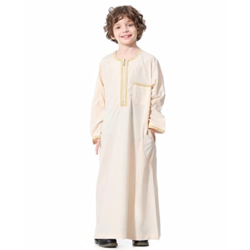 IMEKIS Kind Jungen Muslimische Thobe Langarm Stickerei Arabisch Islamische Robe Einfarbig Reißverschluss Tobe Kaftan Dubai Stil Ethnische Kleidung Beige-Stickerei 7-8 Jahre von IMEKIS