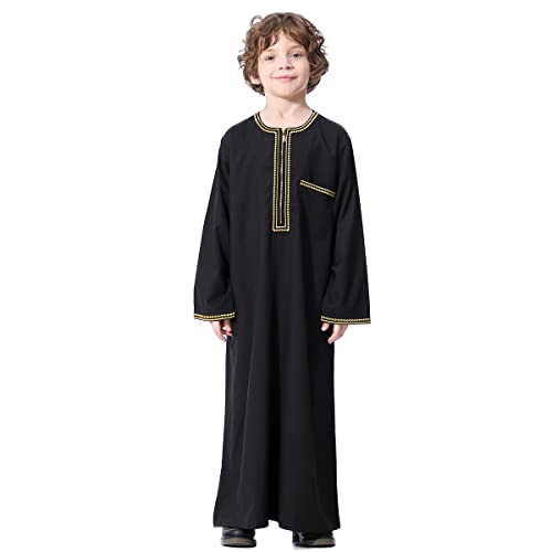 IMEKIS Kind Jungen Muslimische Thobe Langarm Stickerei Arabisch Islamische Robe Einfarbig Reißverschluss Tobe Kaftan Dubai Stil Ethnische Kleidung Schwarz-Stickerei 5-6 Jahre von IMEKIS