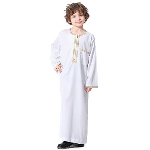 IMEKIS Kind Jungen Muslimische Thobe Langarm Stickerei Arabisch Islamische Robe Einfarbig Reißverschluss Tobe Kaftan Dubai Stil Ethnische Kleidung Weiß-Stickerei 4-5 Jahre von IMEKIS