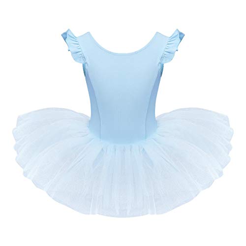 IMEKIS Kind Mädchen Ballett Kleid Baumwolle Gymnastik Trikot Bodysuit Tanz Tutu Tüll Rock Fly Ärmel Ballerina Dancewear Kostüm Blau 4-5 Jahre von IMEKIS