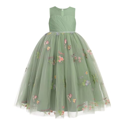 IMEKIS Kind Mädchen Brautjungfer Hochzeit Partykleid Ärmelloses Blumenstickerei Rüsche Tüll Tutu Kleid Elegant Erstkommunion Geburtstag Festzug Ballkleid Grün 9-10 Jahre von IMEKIS