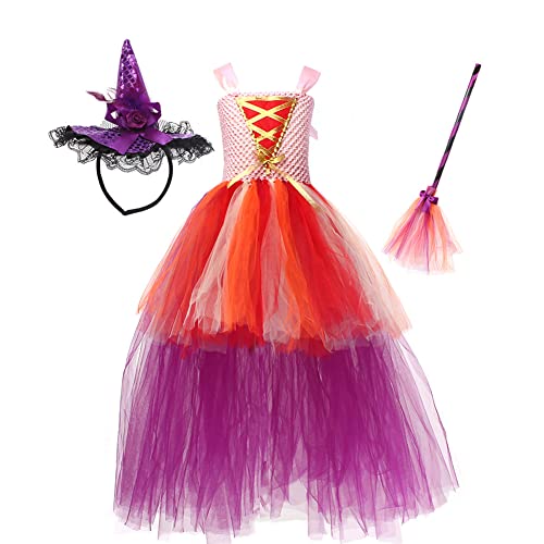 IMEKIS Kind Mädchen Halloween Hexekostüm Prinzessin Winifred Sarah Mary Sanderson Kleid Böse Hexe Königin Verkleidung mit Umhang Hut Besen Geburtstag Karneval Cosplay Party Outfit Hellrosa 4-5 Jahre von IMEKIS