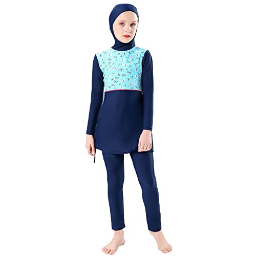 IMEKIS Kind Mädchen Muslimische Bademode Blume Schmetterlingsdruck Bescheidene Badeanzüge islamische Burkini Outfit Langarm Kapuze Badetop mit Hose 2pcs Tankinis Badeanzug Dunkelblau 7-8 Jahre von IMEKIS