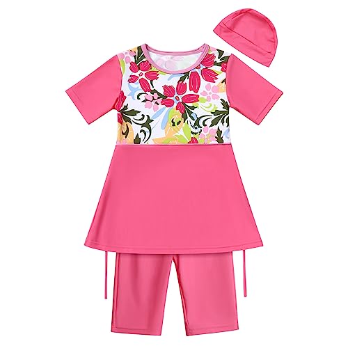 IMEKIS Kind Mädchen Muslimische Bademode Blume Schmetterlingsdruck Bescheidene Badeanzüge islamische Burkini Outfit Langarm Kapuze Badetop mit Hose 2pcs Tankinis Badeanzug Rose 1 11-12 Jahre von IMEKIS