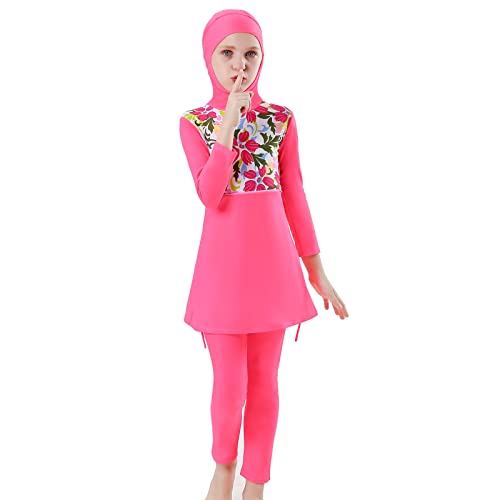 IMEKIS Kind Mädchen Muslimische Bademode Blume Schmetterlingsdruck Bescheidene Badeanzüge islamische Burkini Outfit Langarm Kapuze Badetop mit Hose 2pcs Tankinis Badeanzug Rose 11-12 Jahre von IMEKIS