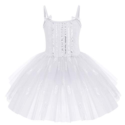 IMEKIS Kind Mädchen Pailletten Ballett Tanzkleid Ärmellos Bowknot Gymnastik Trikot Body mit Tüll Tutu Rock Feder Ballerina Dancewear Kostüm Weiß 9-10 Jahre von IMEKIS
