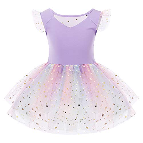 IMEKIS Kind Mädchen Regenbogen Ballettkleid Fliegenhülse Pailletten Gymnastik Trikot Ballettanzug Tanzbody Tüll Tutu Einteiliger Ballerina Dancewear Kostüm Lila 3-4 Jahre von IMEKIS