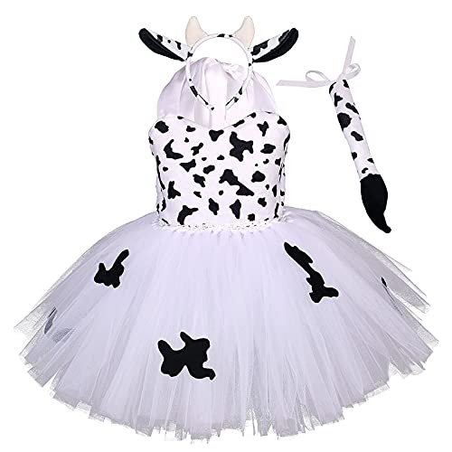 IMEKIS Kinder Baby M?dchen Tier Cosplay Kost?m Prinzessin Verkleidung Kuh T?ll Kleid mit Stirnband und Schwanz 3tlg Halloween Weihnachts Karneval Outfit Wei? 11-12 Jahre von IMEKIS
