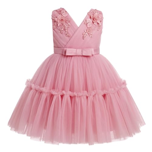 IMEKIS Kinder Baby Mädchen Blume Schmetterling Kleid Prinzessin Ärmellos V-Ausschnitt Geburtstags Rüsche Tutu Bowknot Elegante Hochzeit Party Ballkleid Altrosa 5-6 Jahre von IMEKIS