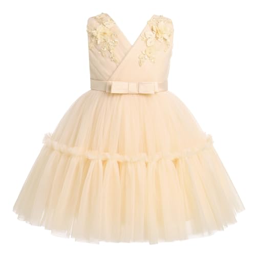 IMEKIS Kinder Baby Mädchen Blume Brautjungfer Kleid Ärmellos V-Ausschnitt Bowknot Rüsche Tüll Tutu Kleid Elegante Geburtstags Festzug Ballkleid Aprikose 5-6 Jahre von IMEKIS