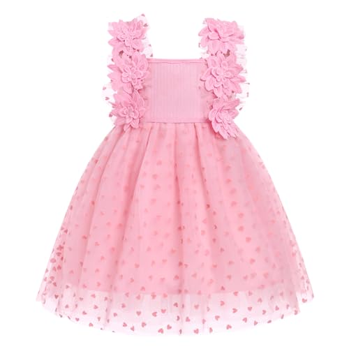 IMEKIS Kinder Baby M�dchen Geburtstag Kleid �rmellos Blume Gerippt Stricken R�sche T�ll Kleid Prinzessin Herz Drucken Sommerkleid Sonnenkleid Rosa 2-3 Jahre von IMEKIS