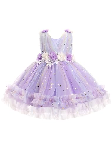 IMEKIS Kinder Baby Mädchen Geburtstag Taufkleid Ärmellos Blume Rüsche Tutu Kleid Prinzessin Blumenmädchenkleid Hochzeit Festlich Kleid Festzug Partykleid Lila 1-2 Jahre von IMEKIS