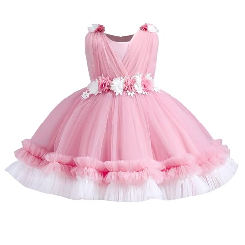 IMEKIS Kinder Baby Mädchen Geburtstag Taufkleid Ärmellos Rundhals Blume Rüsche Tüll Tutu Kleid Prinzessin Blumenmädchenkleid Hochzeit Festlich Kleid Festzug Partykleid Altrosa 1-2 Jahre von IMEKIS