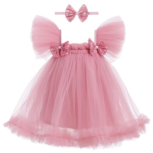 IMEKIS Kinder Baby Mädchen Regenbogen Sommerkleid Flutter Ärmel Pailletten Bowknot Rüschen Tüll Kleid Prinzessin Geburtstag Urlaub Partykleid und Stirnband Outfit Altrosa 12-18 Monate von IMEKIS