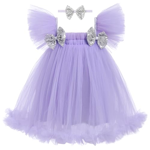 IMEKIS Kinder Baby Mädchen Regenbogen Sommerkleid Flutter Ärmel Pailletten Bowknot Rüschen Tüll Kleid Prinzessin Geburtstag Urlaub Partykleid und Stirnband Outfit Lila 18-24 Monate von IMEKIS