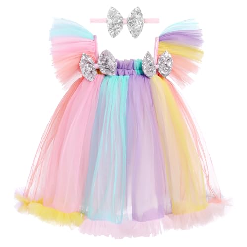 IMEKIS Kinder Baby Mädchen Regenbogen Sommerkleid Flutter Ärmel Pailletten Bowknot Rüschen Tüll Kleid Prinzessin Geburtstag Urlaub Partykleid und Stirnband Outfit Regenbogen 2-3 Jahre von IMEKIS