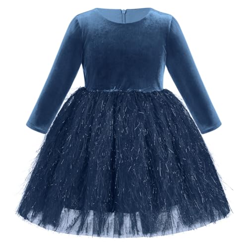 IMEKIS Kinder Baby Mädchen Samt Kleid Langarm Herbst Winter Party Kleid Prinzessin Bowknot Feder Tüll Tutu Kleid Elegantes Geburtstag Urlaub Festkleid Dunkelblau 12-18 Monate von IMEKIS