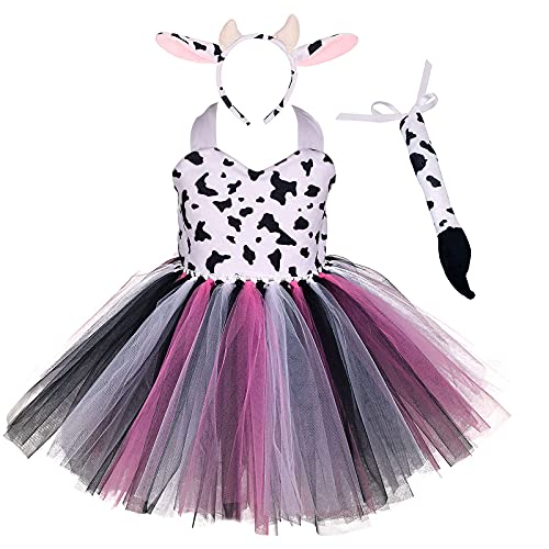 IMEKIS Kinder Baby Mädchen Tier Cosplay Kostüm Prinzessin Verkleidung Kuh Tüll Kleid mit Stirnband und Schwanz 3tlg Halloween Weihnachts Karneval Outfit Rosa 9-10 Jahre von IMEKIS