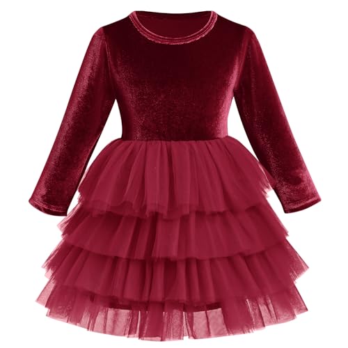 IMEKIS Kinder Baby M�dchen Weihnachtskleid Langarm Samt Herbst Winter Kleid Prinzessin R�sche T�llkleid Weihnachten Partykleid Hochzeit Geburtstag Casual Urlaub Kleid Weinrot 5-6 Jahre von IMEKIS