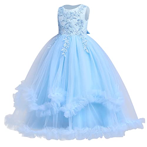 IMEKIS Kinder Blumenmädchen Brautjungfernkleid Prinzessin Hochzeit Kommunion Festzug Ballkleid Ärmellos Geburtstag Rüschen Tüll Tutu Elegant Lang Abschlussball Partykleid Blau 13-14 Jahre von IMEKIS