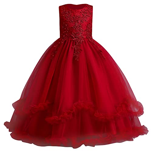 IMEKIS Kinder Blumenmädchen Brautjungfernkleid Prinzessin Hochzeit Kommunion Festzug Ballkleid Ärmellos Geburtstag Rüschen Tüll Tutu Lang Festlich Partykleid #3 Dunkelrot 7-8 Jahre von IMEKIS