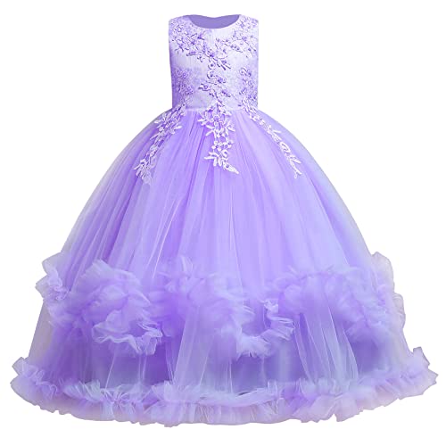 IMEKIS Kinder Blumenmädchen Brautjungfernkleid Prinzessin Hochzeit Kommunion Festzug Ballkleid Ärmellos Geburtstag Rüschen Tüll Tutu Elegant Lang Abschlussball Partykleid Lila 11-12 Jahre von IMEKIS