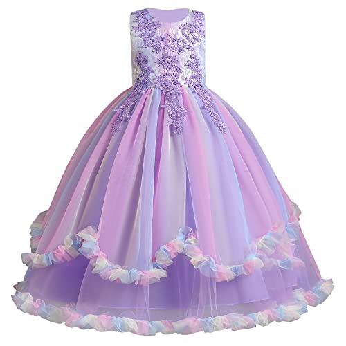 IMEKIS Kinder Blumenmädchen Brautjungfernkleid Prinzessin Hochzeit Kommunion Festzug Ballkleid Ärmellos Geburtstag Rüschen Tüll Tutu Lang Festlich Partykleid #3 Regenbogen-Lila 9-10 Jahre von IMEKIS