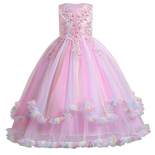 IMEKIS Kinder Blumenmädchen Brautjungfernkleid Prinzessin Hochzeit Kommunion Festzug Ballkleid Ärmellos Geburtstag Rüschen Tüll Tutu Lang Festlich Partykleid #3 Regenbogen-Rosa 7-8 Jahre von IMEKIS