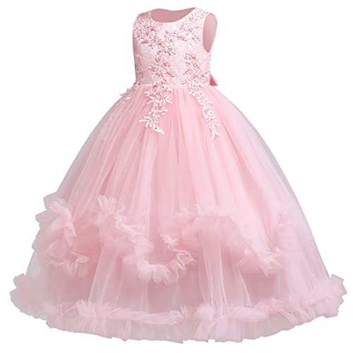 IMEKIS Kinder Blumenmädchen Brautjungfernkleid Prinzessin Hochzeit Kommunion Festzug Ballkleid Ärmellos Geburtstag Rüschen Tüll Tutu Lang Festlich Partykleid #3 Rosa 5-6 Jahre von IMEKIS