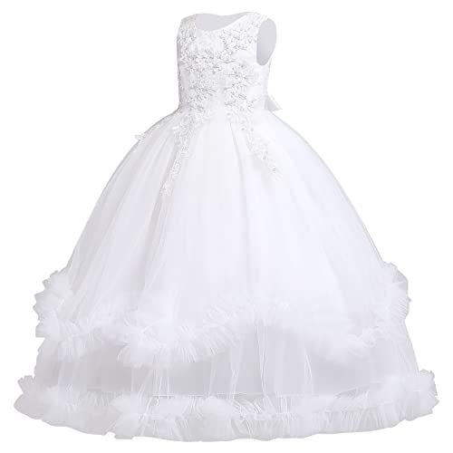 IMEKIS Kinder Blumenmädchen Brautjungfernkleid Prinzessin Hochzeit Kommunion Festzug Ballkleid Ärmellos Geburtstag Rüschen Tüll Tutu Lang Festlich Partykleid #3 Weiß 13-14 Jahre von IMEKIS