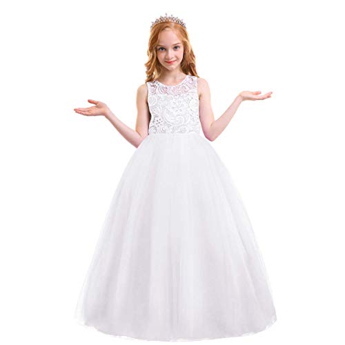 IMEKIS Kinder Blumenmädchen Kleid Ärmellose Spitze Tüllkleid Prinzessin Brautjungfer Hochzeit Partykleid Geburtstag Tutu Abendkleid Festzug Lang Ballkleid Weiß 14-15 Jahre von IMEKIS