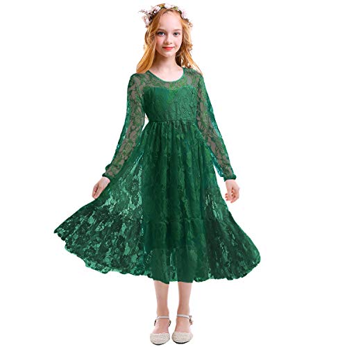 IMEKIS Kinder Blumenmädchen Kleid Festlich Spitzenkleid Prinzessin Brautjungfer Hochzeitskleid Langarm Abendkleid Geburtstag Festzug Ballkleid Urlaub Casual Swing Partykleid Grün 10-11 Jahre von IMEKIS