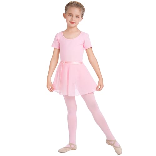 IMEKIS Kinder Mädchen Ballett Tanzkleid Kurzarm Ballettanzug Trikot Body Top mit Chiffon Wickelrock Fußstrumpfhosen Dancewear Kostüm 4tlg Ballerina Outfit Rosa 6-7 Jahre von IMEKIS