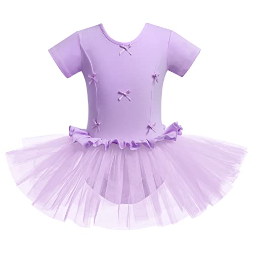 IMEKIS Kinder Mädchen Ballettkleid Kurzarm Gymnastik Tanztrikot mit Tüllrock Einteilige Ballettanzug Ballerina Tanzkleidung Bowknot Tanzen Performance Kostüm Lila 3-4 Jahre von IMEKIS