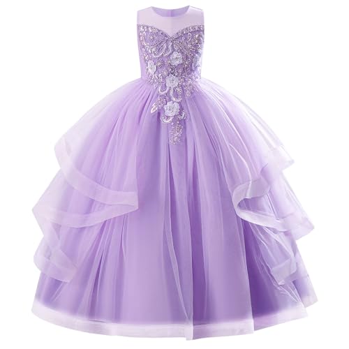 IMEKIS Kinder Mädchen Blume Hochzeit Partykleid Ärmelloses Prinzessin Bowknot Rüsche Tüll Partykleid Elegant Geburtstag Kommunion Festzug Ballkleid Lila 5-6 Jahre von IMEKIS