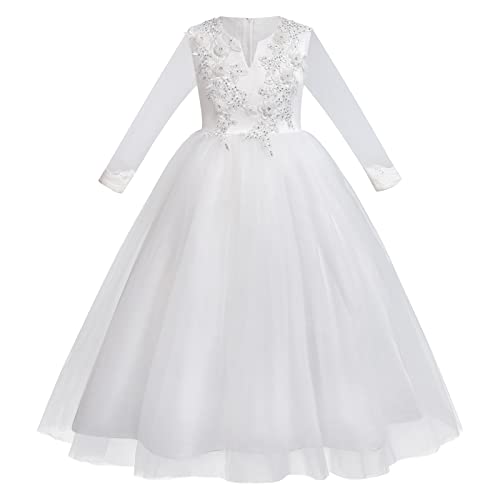 IMEKIS Kinder Mädchen Hochzeit Partykleid Blumenmädchen Kleid Prinzessin Brautjungfer Tüllkleid Erstkommunion Geburtstag Festzug Ballkleid Maxi Lang Bowknot Rüsche Tutu Kleid Weiß-Langarm 7-8 Jahre von IMEKIS