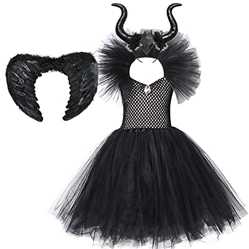 IMEKIS Kinder Mädchen Maleficent Kostüm Prinzessin Teufel Böse Königin Verkleiden Gestricktes Tüllkleid mit Hörner und Flügeln Bösartige Hexekleid Halloween Geburtstag Party Outfit von IMEKIS