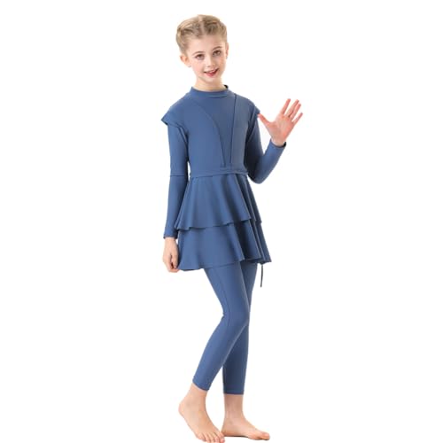 IMEKIS Kinder Mädchen Muslimische Bademode Langarm Burkini mit Hijab Volle Abdeckung Rash Guard Badeanzug 3tlg Rüschen Tankini Set Sommer Badebekleidung Dunkelblau 7-8 Jahre von IMEKIS