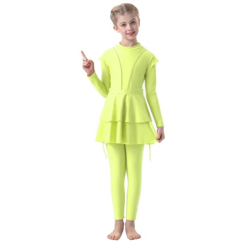 IMEKIS Kinder M�dchen Muslimische Bademode Langarm Burkini mit Hijab Volle Abdeckung Rash Guard Badeanzug 3tlg R�schen Tankini Set Sommer Badebekleidung Gelb 9-10 Jahre von IMEKIS