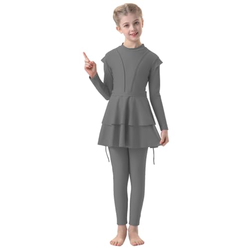 IMEKIS Kinder M�dchen Muslimische Bademode Langarm Burkini mit Hijab Volle Abdeckung Rash Guard Badeanzug 3tlg R�schen Tankini Set Sommer Badebekleidung Grau 9-10 Jahre von IMEKIS