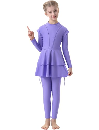 IMEKIS Kinder Mädchen Muslimische Bademode Langarm Burkini mit Hijab Volle Abdeckung Rash Guard Badeanzug 3tlg Rüschen Tankini Set Sommer Badebekleidung Lila 6-7 Jahre von IMEKIS