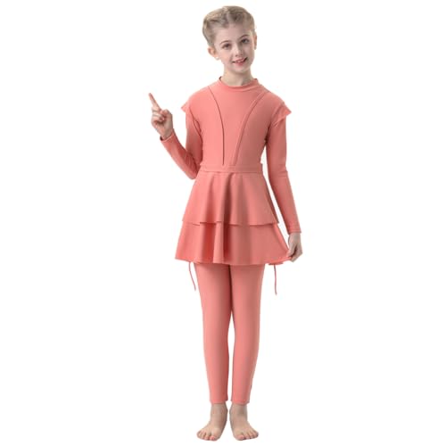 IMEKIS Kinder M�dchen Muslimische Bademode Langarm Burkini mit Hijab Volle Abdeckung Rash Guard Badeanzug 3tlg R�schen Tankini Set Sommer Badebekleidung Pfirsich 3-4 Jahre von IMEKIS