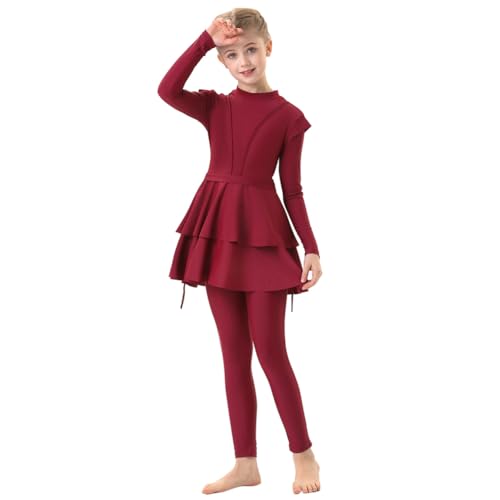 IMEKIS Kinder Mädchen Muslimische Bademode Langarm Burkini mit Hijab Volle Abdeckung Rash Guard Badeanzug 3tlg Rüschen Tankini Set Sommer Badebekleidung Weinrot 7-8 Jahre von IMEKIS