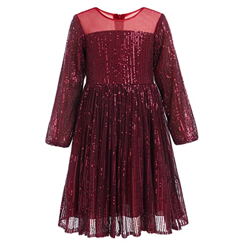 IMEKIS Kinder Mädchen Weihnachtskleid Langarm Einfarbige Geburtstagskleid Pailletten Festlichkleid Blume Brautjungfer Hochzeitsfeierkleid Weihnachtsfeierkleid Weinrot 4-5 Jahre von IMEKIS