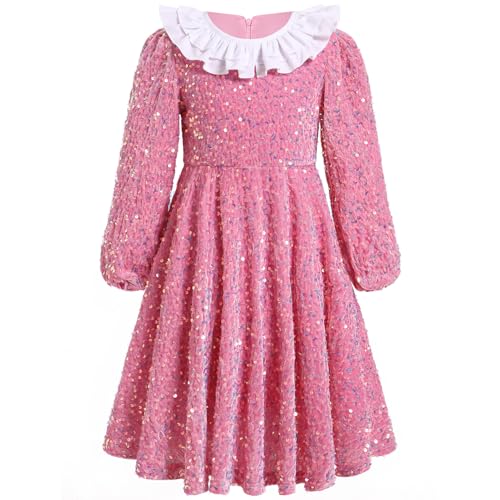 IMEKIS Kinder Mädchen Weihnachtskleid Langarm Pailletten Samt Herbst Winter Kleid Prinzessin Elegant Hochzeit Partykleider Geburtstag Festzug Ballkleid Rosa 5-6 Jahre von IMEKIS