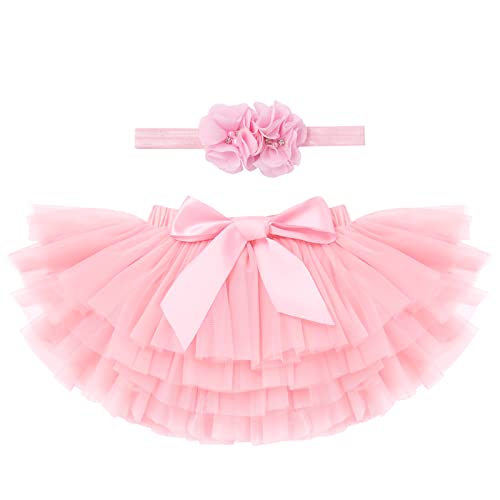 Baby Mädchen Tutu Kleid Kleinkind Prinzessin Regenbogen Geschichtete Tüllrock Pumphose Windel Überzug mit Blumenstirnband 2 Stück Geburtstagsparty Outfit für Fotografie Requisiten Rosa 6-12 Monate von IMEKIS