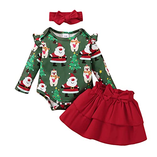 IMEKIS Kleinkind Neugeborenes Baby Mädchen Meine Erste Weihnachten Outfit Prinzessin Weihnachtsmann Rentier Kostüm Langarm Strampler Rock Stirnband 3tlg Weihnachtsfeier Kleidung Set von IMEKIS