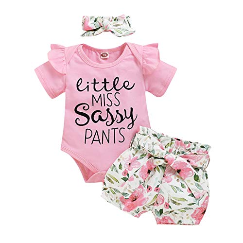 IMEKIS Kleinkind Neugeborenes Baby Mädchen Sonnenblume Kleidung Set Tupfen Blumendrucken Geburtstag Outfit Rüschen Strampler Shorts Bowknot Stirnband 3 Stück Sommer Baumwolle Anzug Rosa 6-12 Monate von IMEKIS