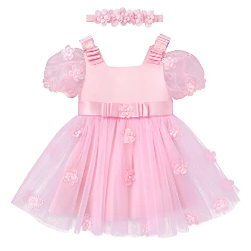 IMEKIS Kleinkind Säugling Baby Mädchen Blumenkleid Kurzarm Bowknot Prinzessin Tüll Kleid mit Stirnband Geburtstag Fotoshooting Outfit Hochzeit Taufe Party Kleidung Set Rosa-Blume 2-3 Jahre von IMEKIS